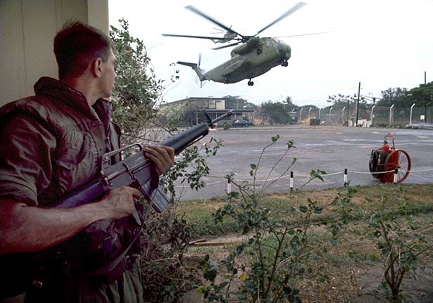 CH-53 helicopter landing at Defense Attache Office compound during Operation Frequent Wind, the evacuation of Saigon, April 1975