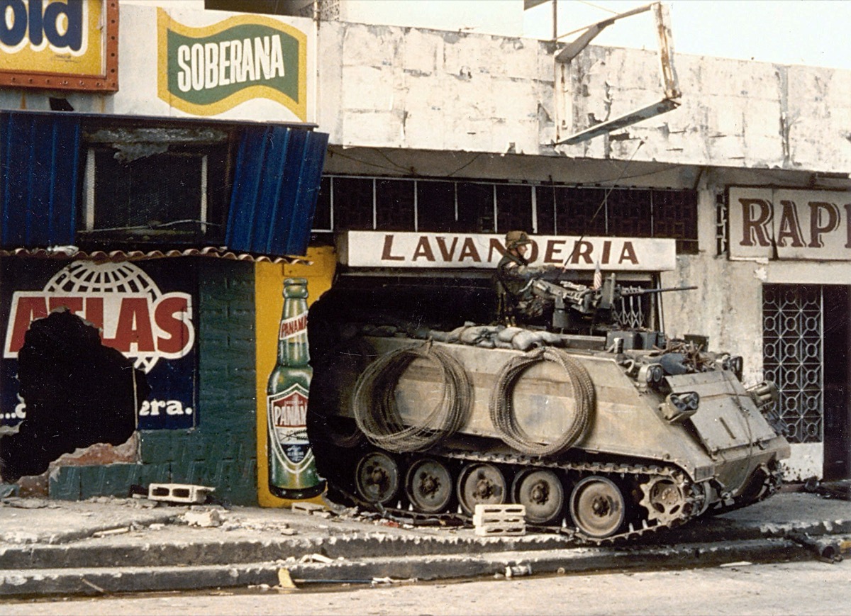 US military M-113 armored personnel carrier during the invasion of Panama, Operation Just Cause, 1989