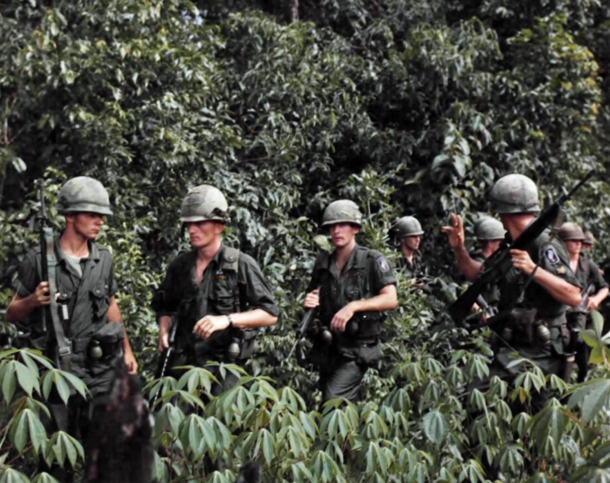 173rd Airborne Brigade soldiers on combat patrol near Ben Cat, Vietnam