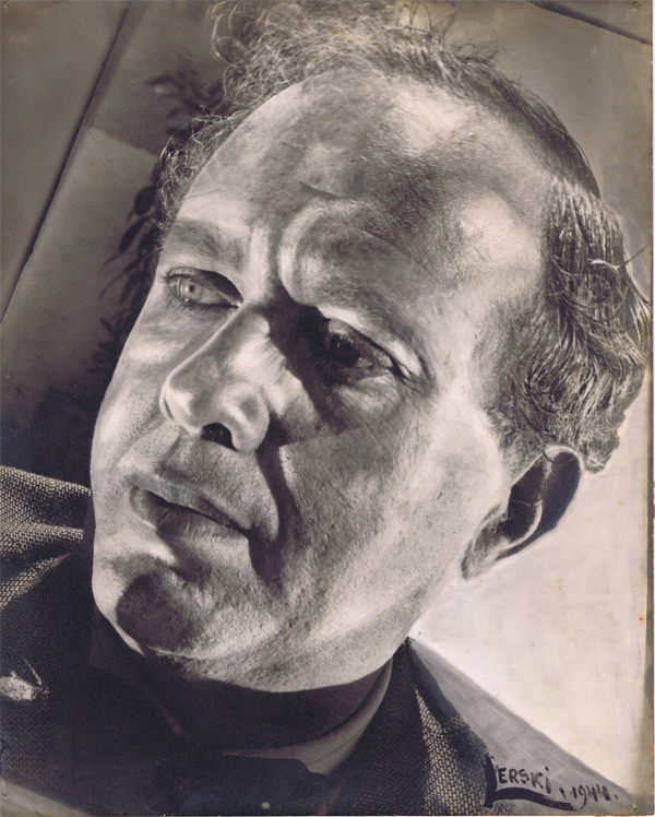 Extreme close-up portrait of composer Mark Lavry with sculptural lighting by Helmar Lerski, 1944