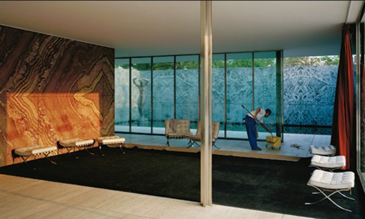 Morning Cleaning, Mies van der Rohe Foundation, Transparency in lightbox, 1999 — Jeff Wall