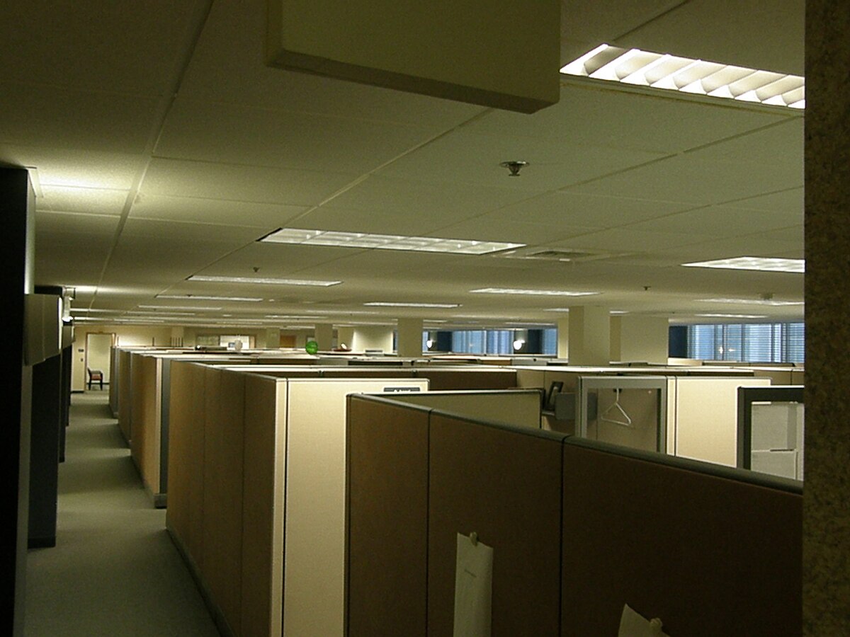 A cube farm in a corporate office with low partitions and fluorescent lighting