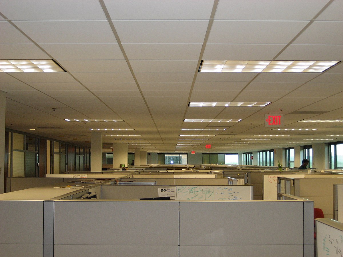 Rows of office cubicles stretching into the distance, evoking the corporate landscapes documented in Tunbjörk's Office series