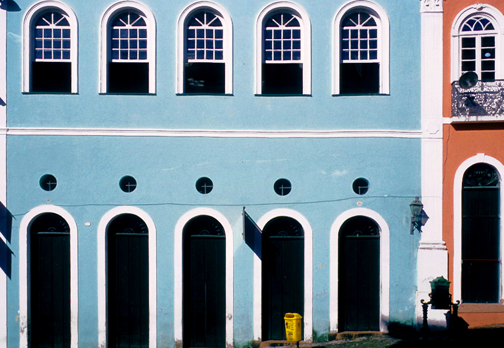 Colonial facade with blue walls and windows in Pelourinho, Salvador, Bahia