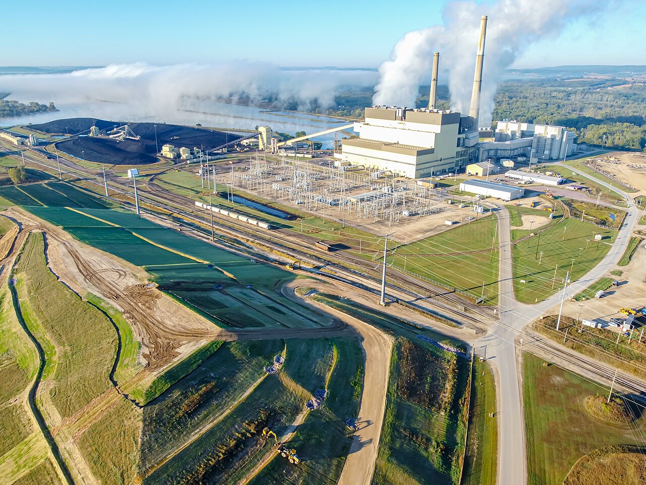 Coal power plant rising above the landscape near Portage, Wisconsin