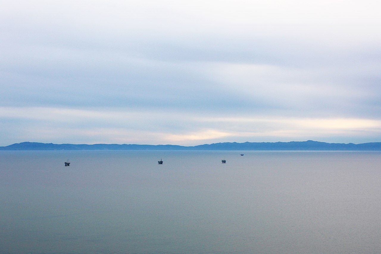 Offshore oil platforms along the coast of California seen from above