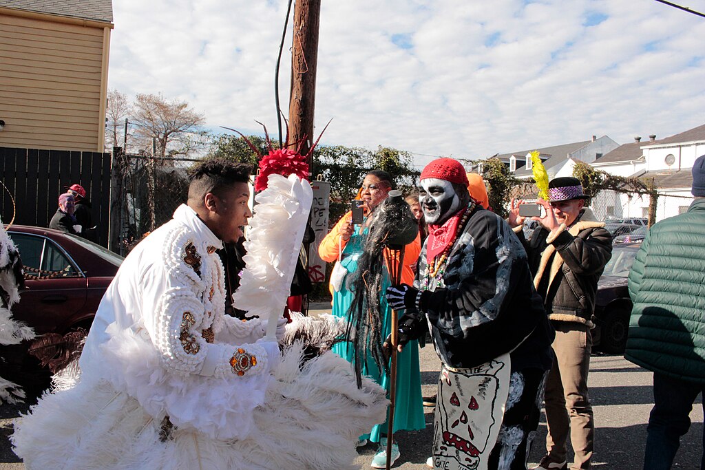 Mardi Gras Indians in elaborate feathered costumes at the BackStreet Cultural Center, New Orleans
