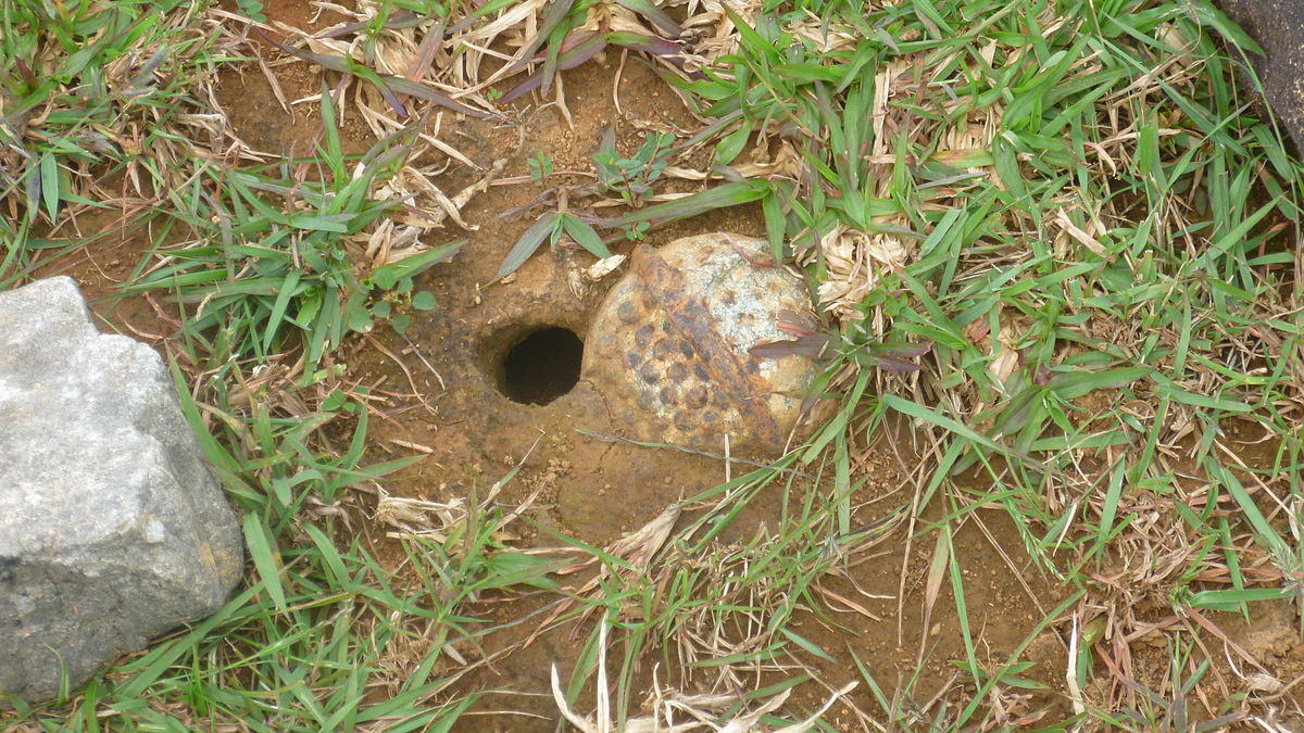 BLU-26 cluster submunition found at the Plain of Jars, Laos, an unexploded anti-personnel fragmentation bomblet