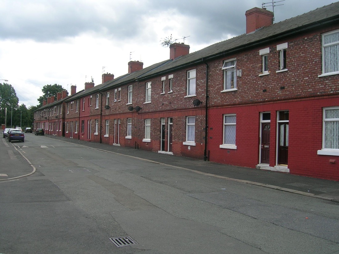 Back-to-back terraced houses on Barrack Street in Hulme, Manchester