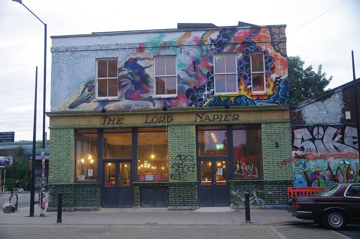 The Lord Napier pub in Hackney Wick, London, covered in street art
