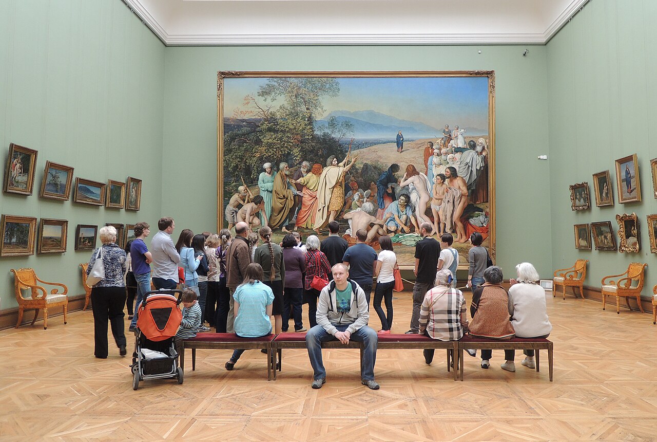Gallery hall with visitors before a monumental painting, evoking Thomas Struth's museum photography