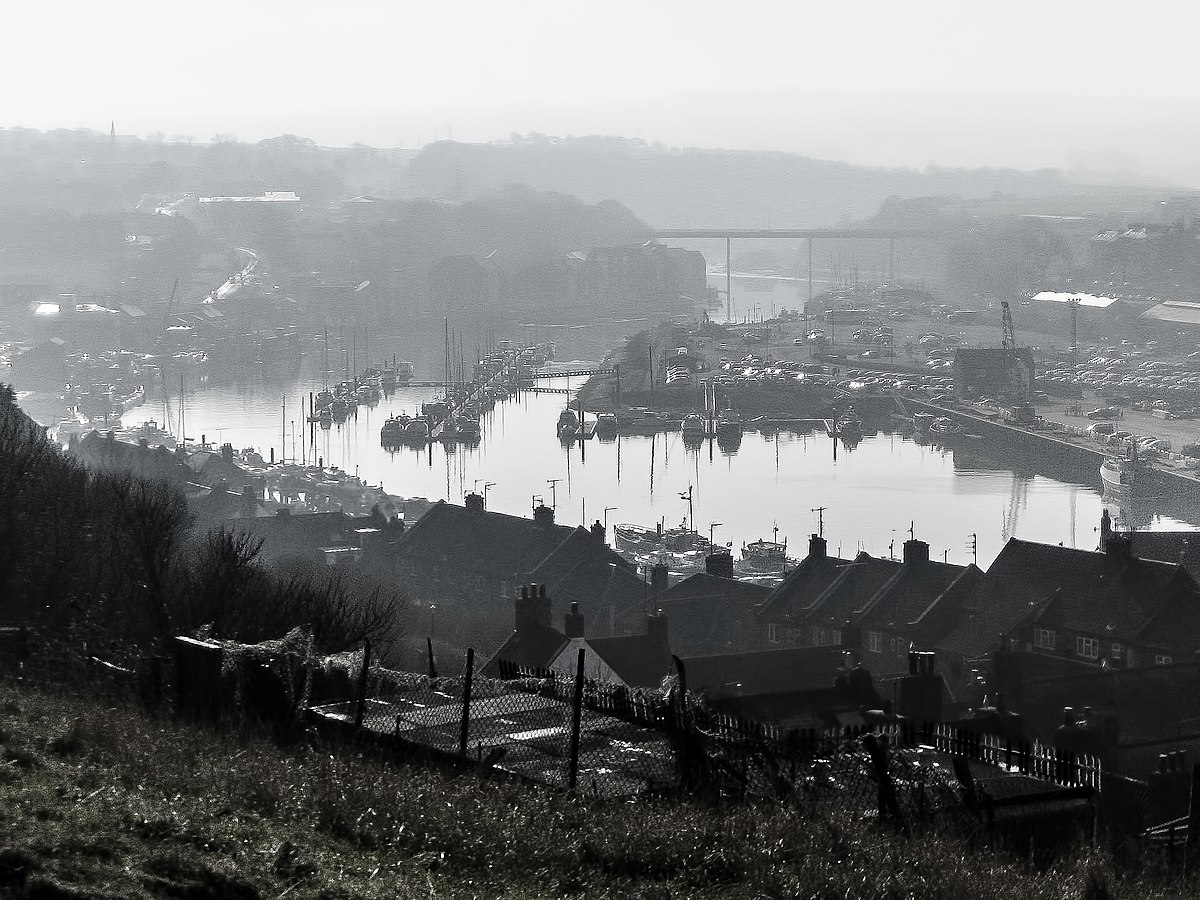 Whitby Harbour, North Yorkshire, in black and white