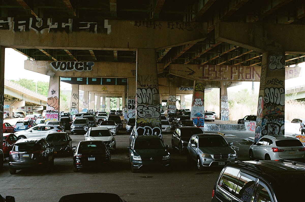 View beneath the Interstate 95 overpass in FDR Park, South Philadelphia